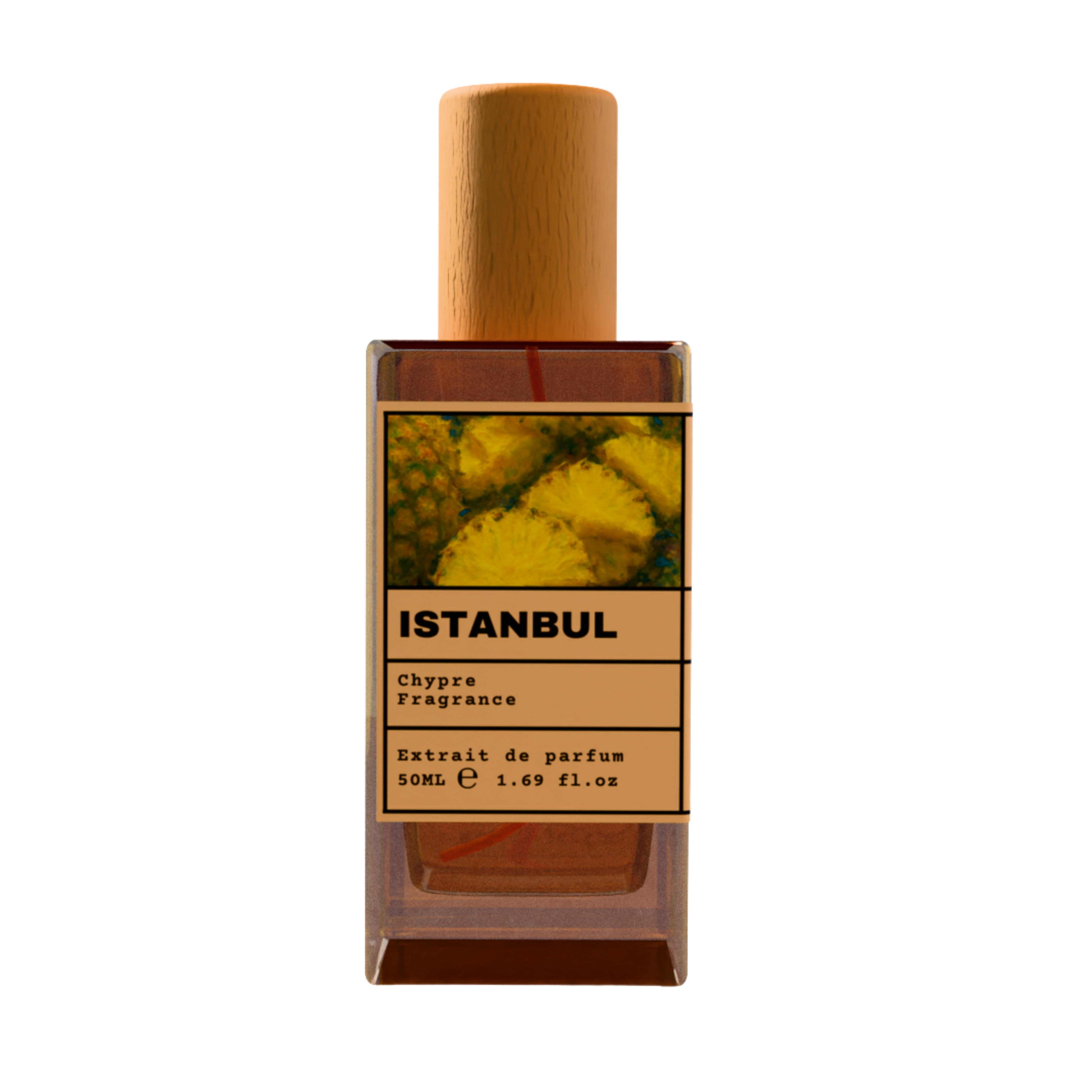 ISTANBUL Chypre Fragrance luxury perfume bottle with pineapple fruit art label and wooden cap on a transparent background