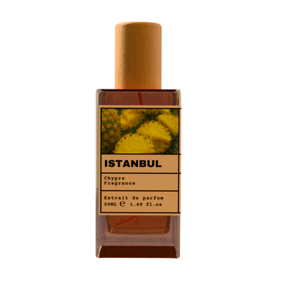 ISTANBUL Chypre Fragrance luxury perfume bottle with pineapple fruit art label and wooden cap on a transparent background