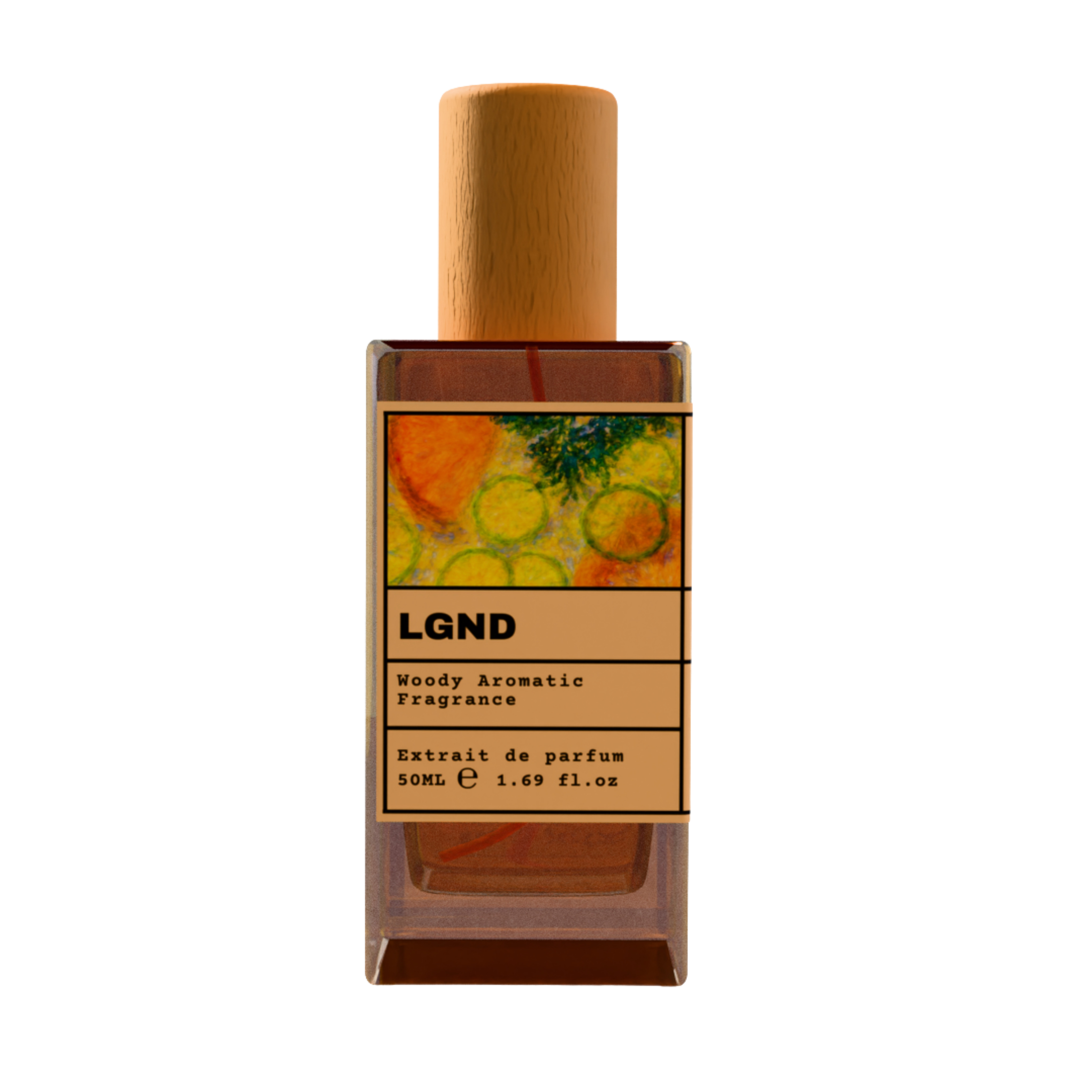 LGND Woody Aromatic Fragrance Extrait de Parfum 50ml bottle with natural wooden cap and artistic citrus and botanical illustration label.