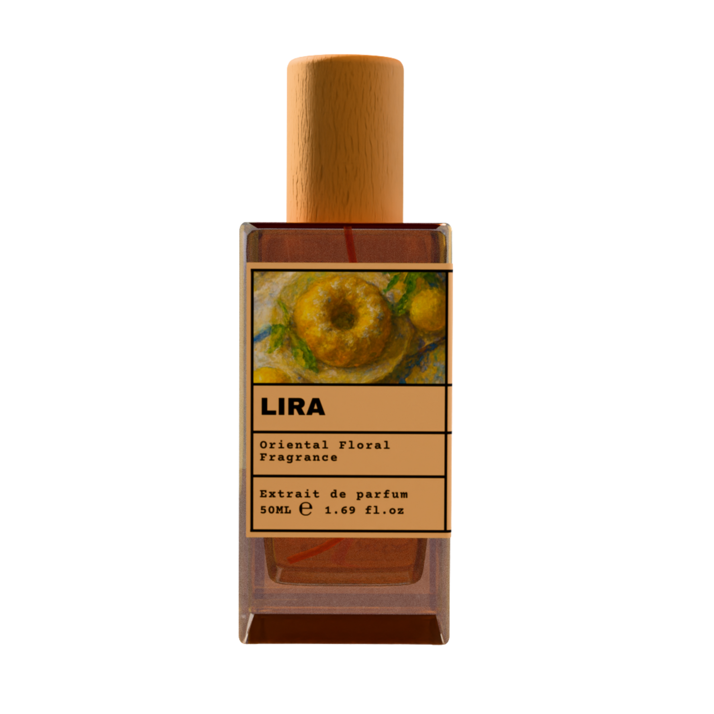 LIRA Oriental Floral Fragrance Extrait de Parfum 50ml bottle with natural wooden cap and golden citrus pastry illustration label.