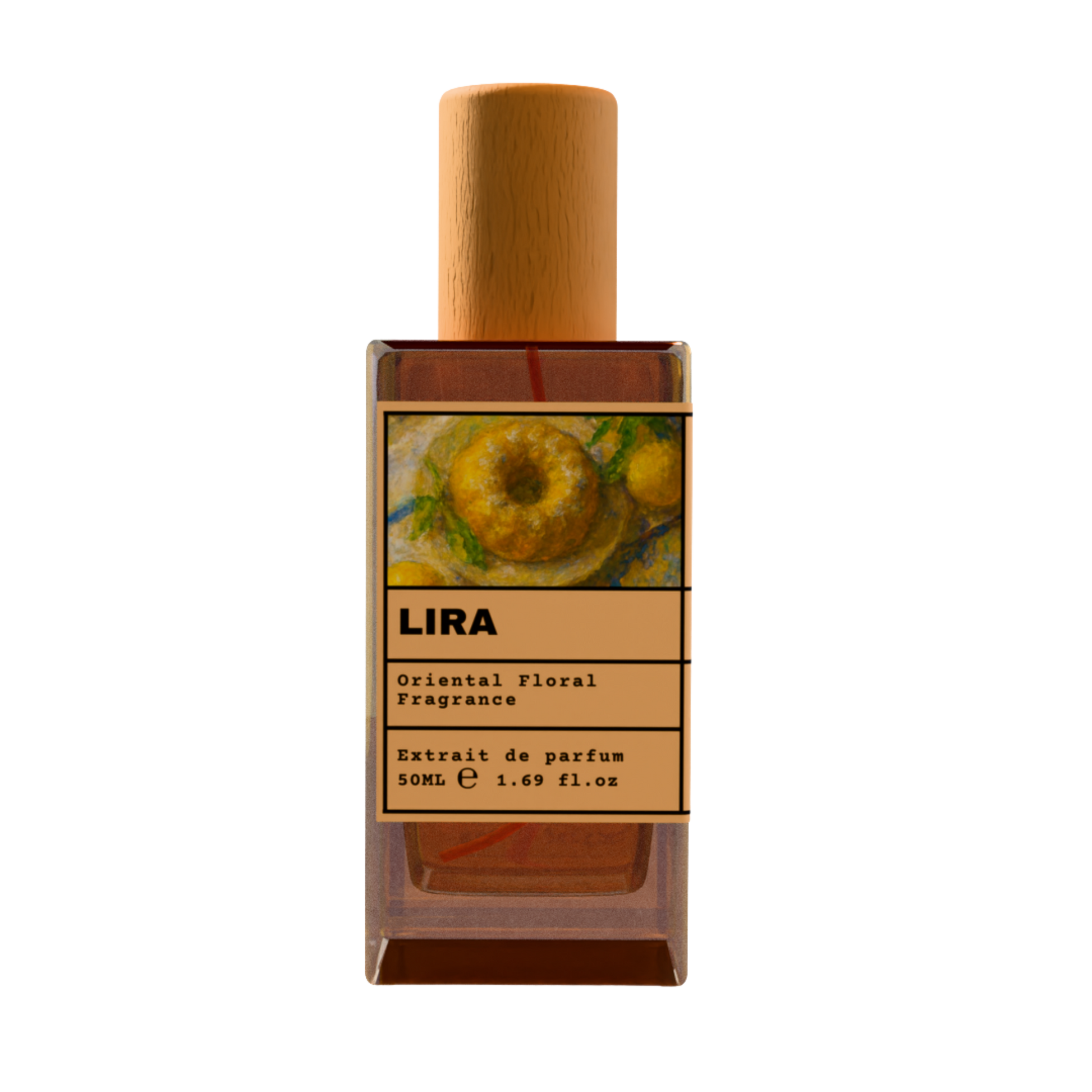 LIRA Oriental Floral Fragrance Extrait de Parfum 50ml bottle with natural wooden cap and golden citrus pastry illustration label.