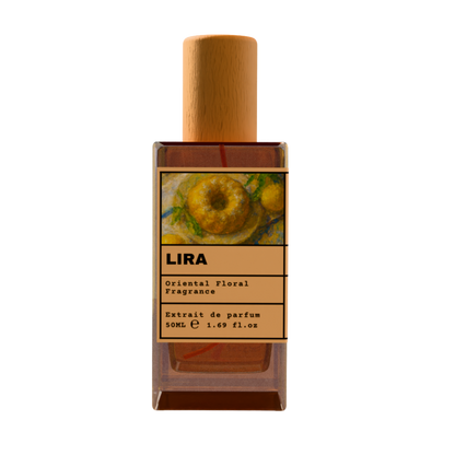LIRA Oriental Floral Fragrance Extrait de Parfum 50ml bottle with natural wooden cap and golden citrus pastry illustration label.