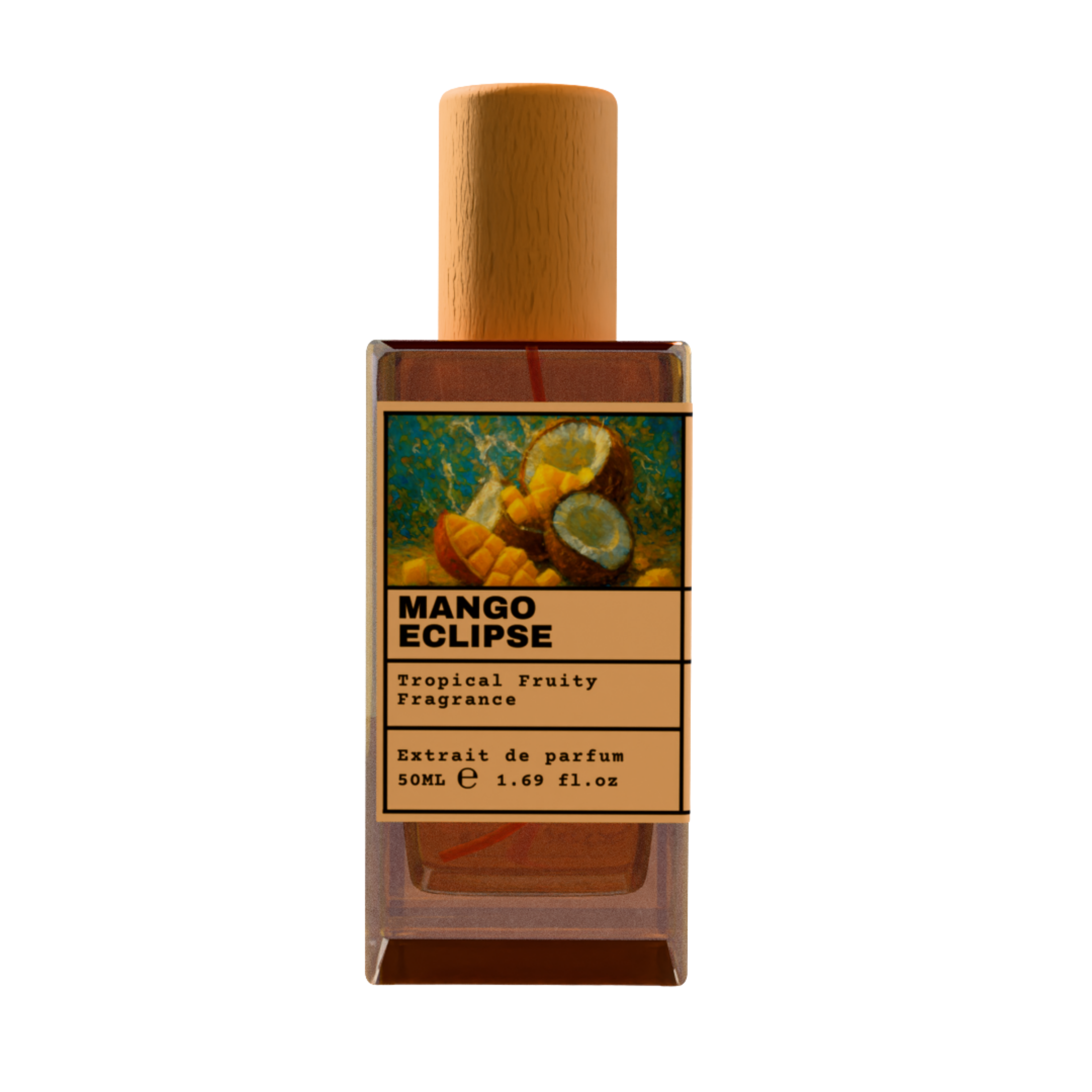Mango Eclipse Tropical Fruity Fragrance Extrait de Parfum 50ml bottle with wooden cap