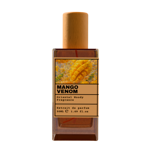 Mango Venom Oriental Woody Fragrance Extrait de Parfum 50ml bottle with wooden cap