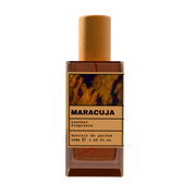 MARACUJA Leather Fragrance Extrait de Parfum 50ml bottle with natural wooden cap and dark textured abstract illustration label.