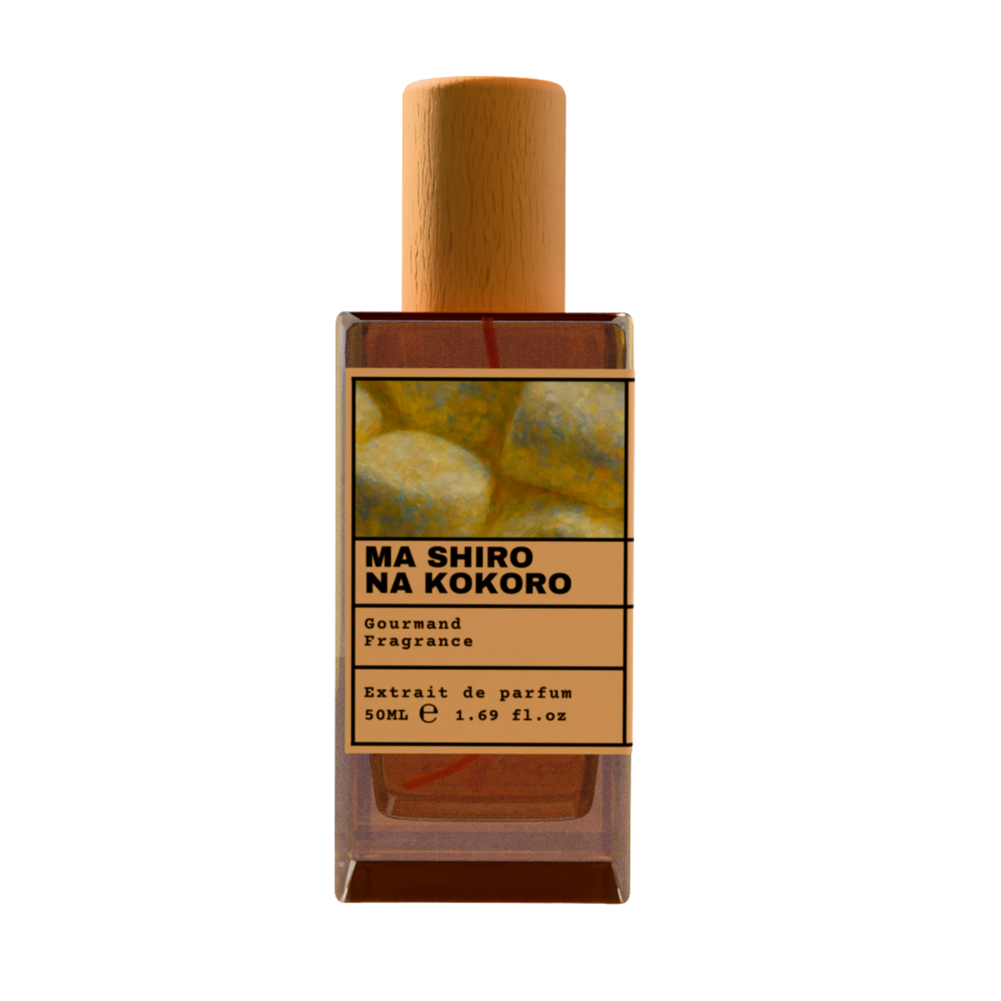 MA SHIRO NA KOKORO Gourmand Fragrance Extrait de Parfum 50ml bottle with natural wooden cap and fluffy marshmallow illustration label.