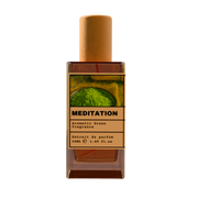 Perfume bottle labeled 'Meditation' with a wooden design on a white background