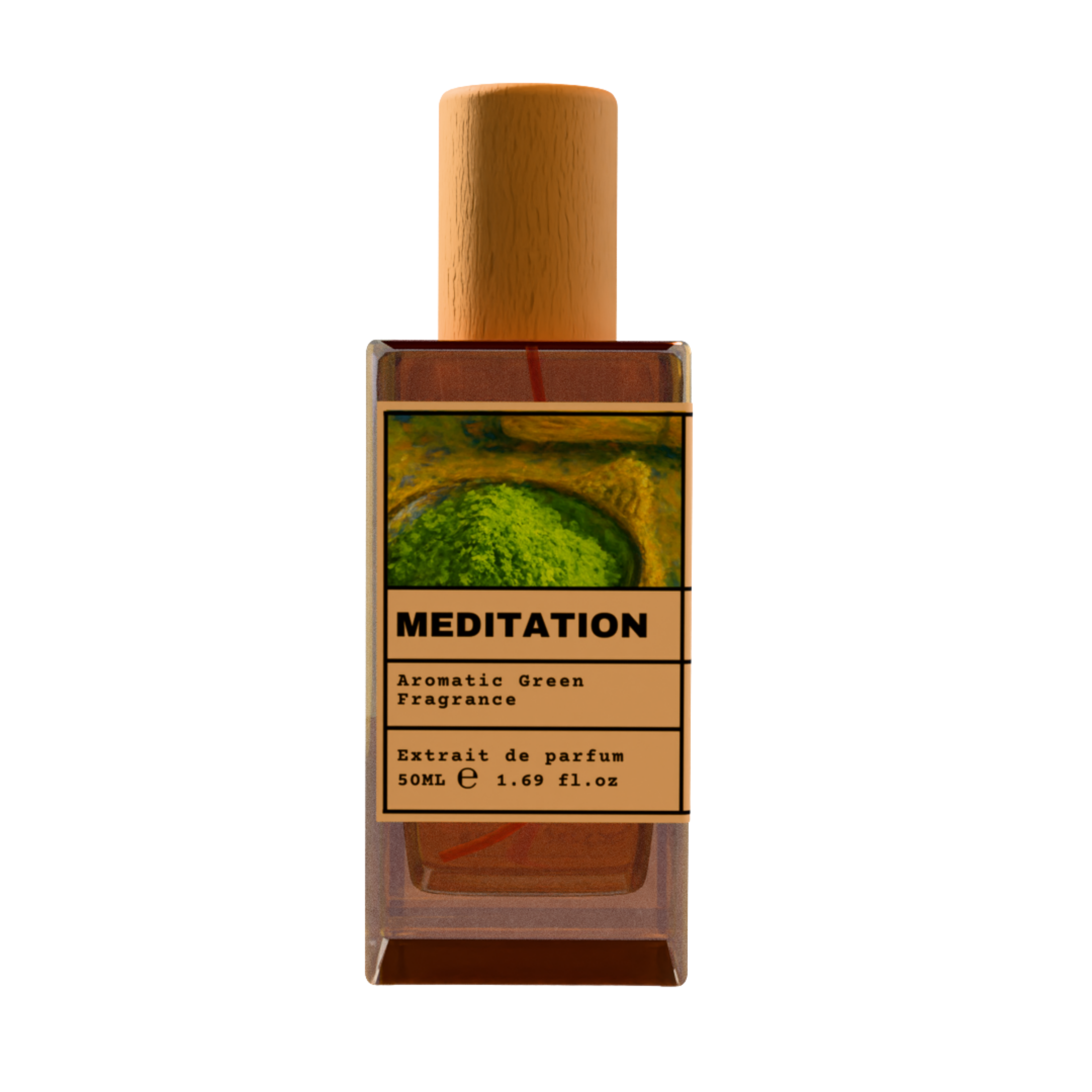 Perfume bottle labeled 'Meditation' with a wooden design on a white background