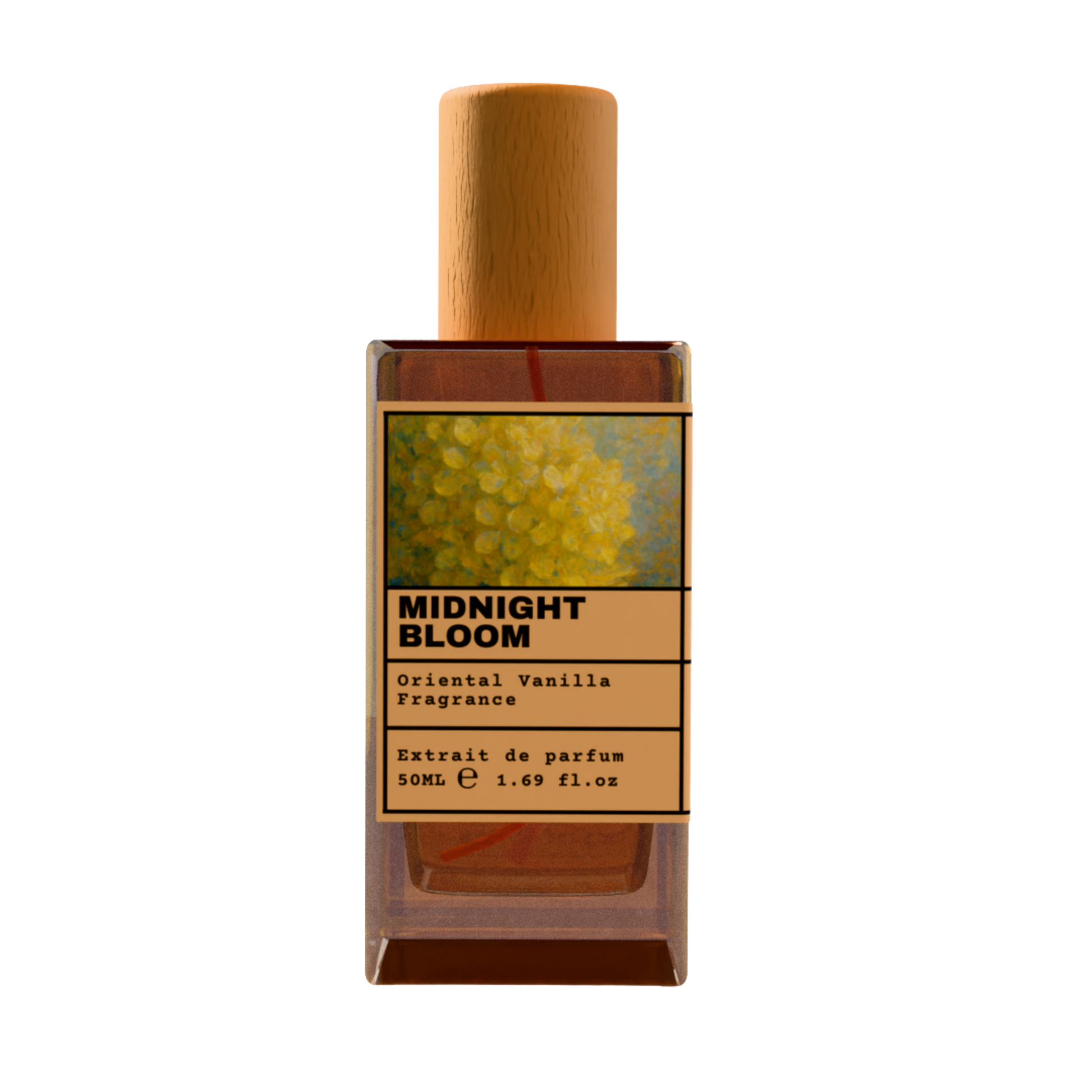 Midnight Bloom Oriental Vanilla Fragrance Extrait de Parfum 50ml bottle with wooden cap