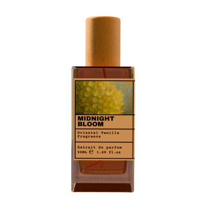 Midnight Bloom Oriental Vanilla Fragrance Extrait de Parfum 50ml bottle with wooden cap
