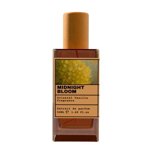 Midnight Bloom Oriental Vanilla Fragrance Extrait de Parfum 50ml bottle with wooden cap