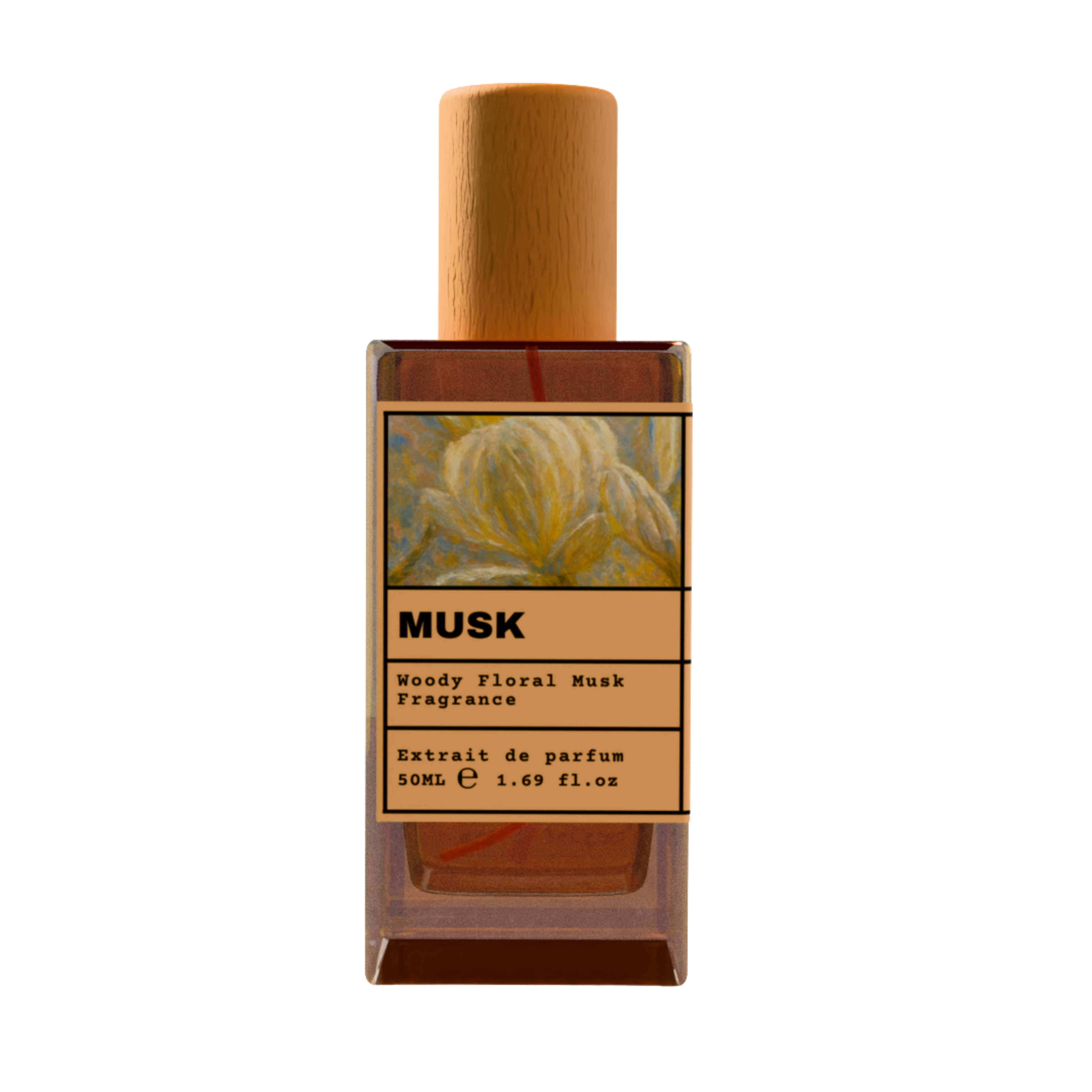 Musk Woody Floral Musk Fragrance Extrait de Parfum 50ml bottle with wooden cap