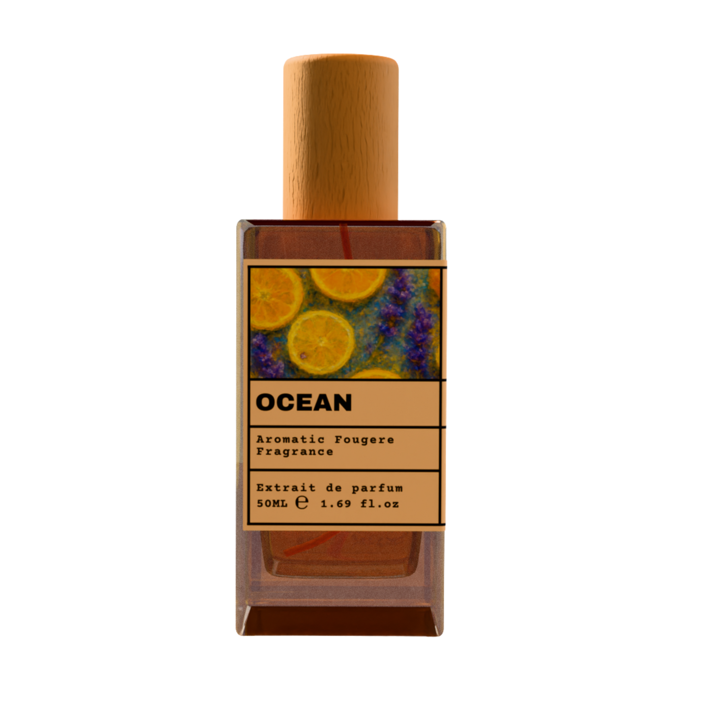 OCEAN Aromatic Fougere Fragrance Extrait de Parfum 50ml bottle with natural wooden cap and citrus lavender illustration label.