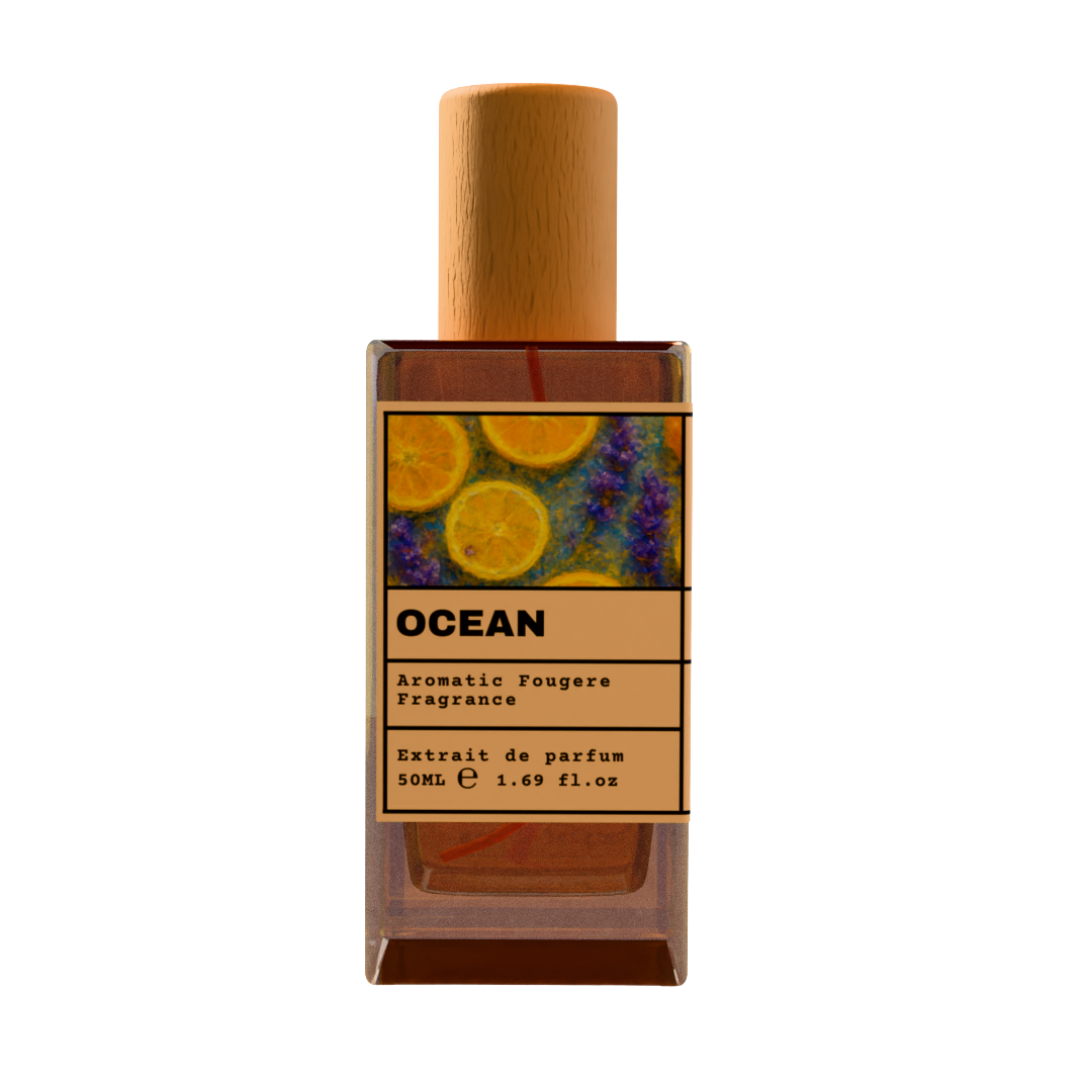 OCEAN Aromatic Fougere Fragrance Extrait de Parfum 50ml bottle with natural wooden cap and citrus lavender illustration label.