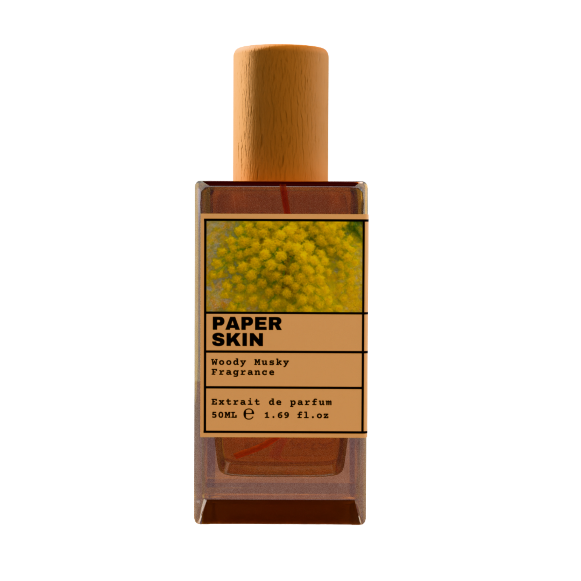Paper Skin Woody Musky Fragrance Extrait de Parfum 50ml in Glass Bottle with Wooden Cap