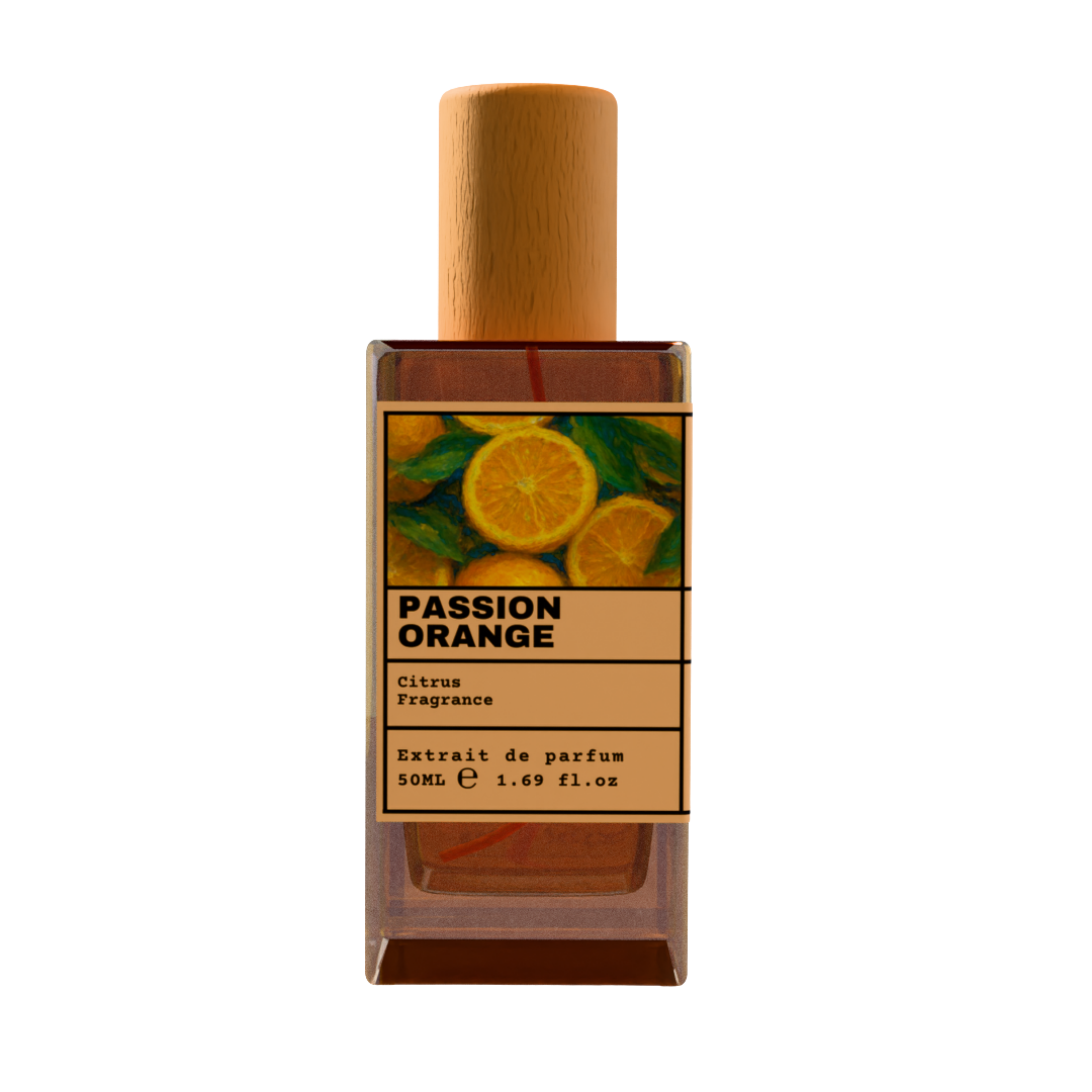 PASSION ORANGE Citrus Fragrance Extrait de Parfum 50ml bottle with natural wooden cap and vibrant orange citrus illustration label.