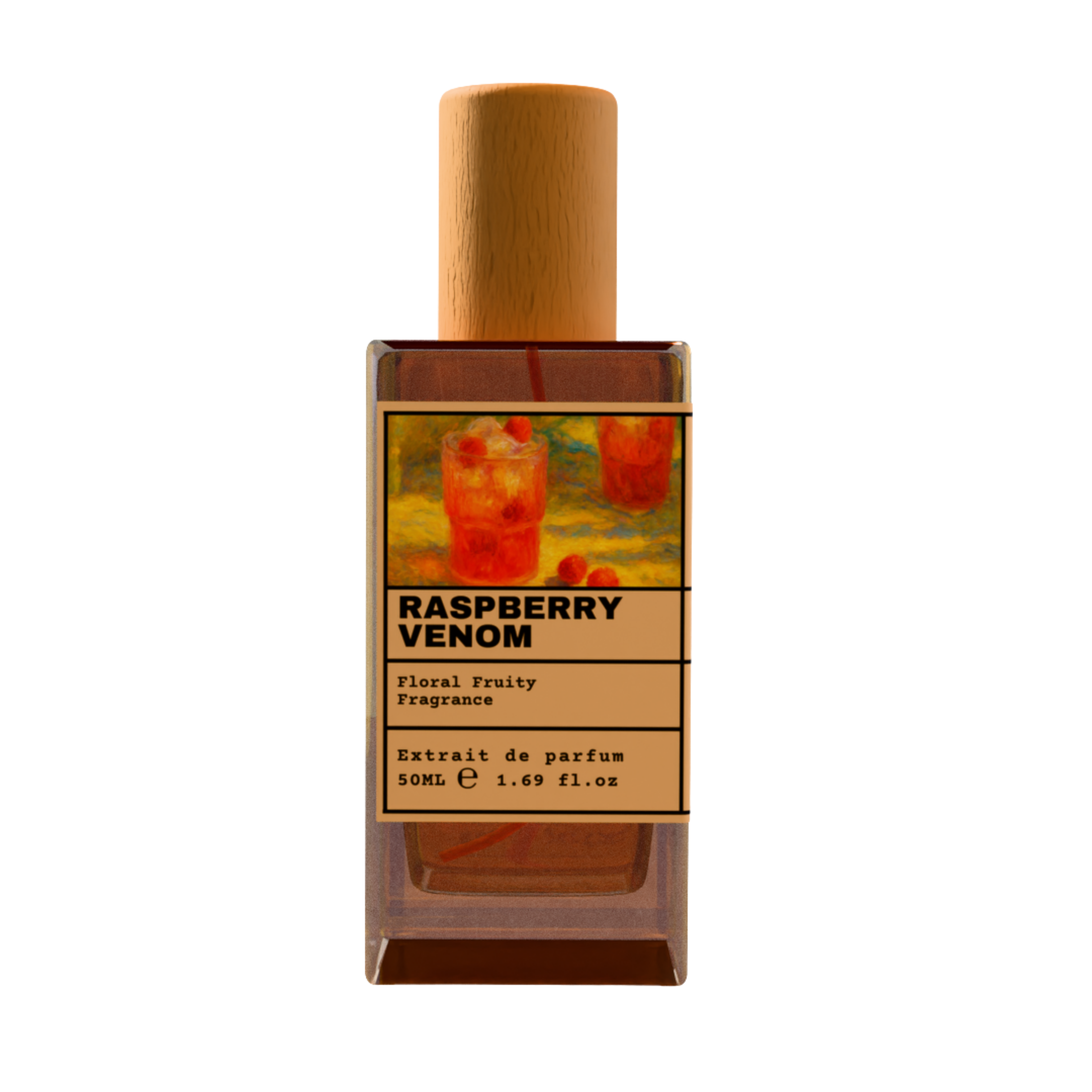 Raspberry Venom Floral Fruity Fragrance Extrait de Parfum 50ml in Glass Bottle with Wooden Cap