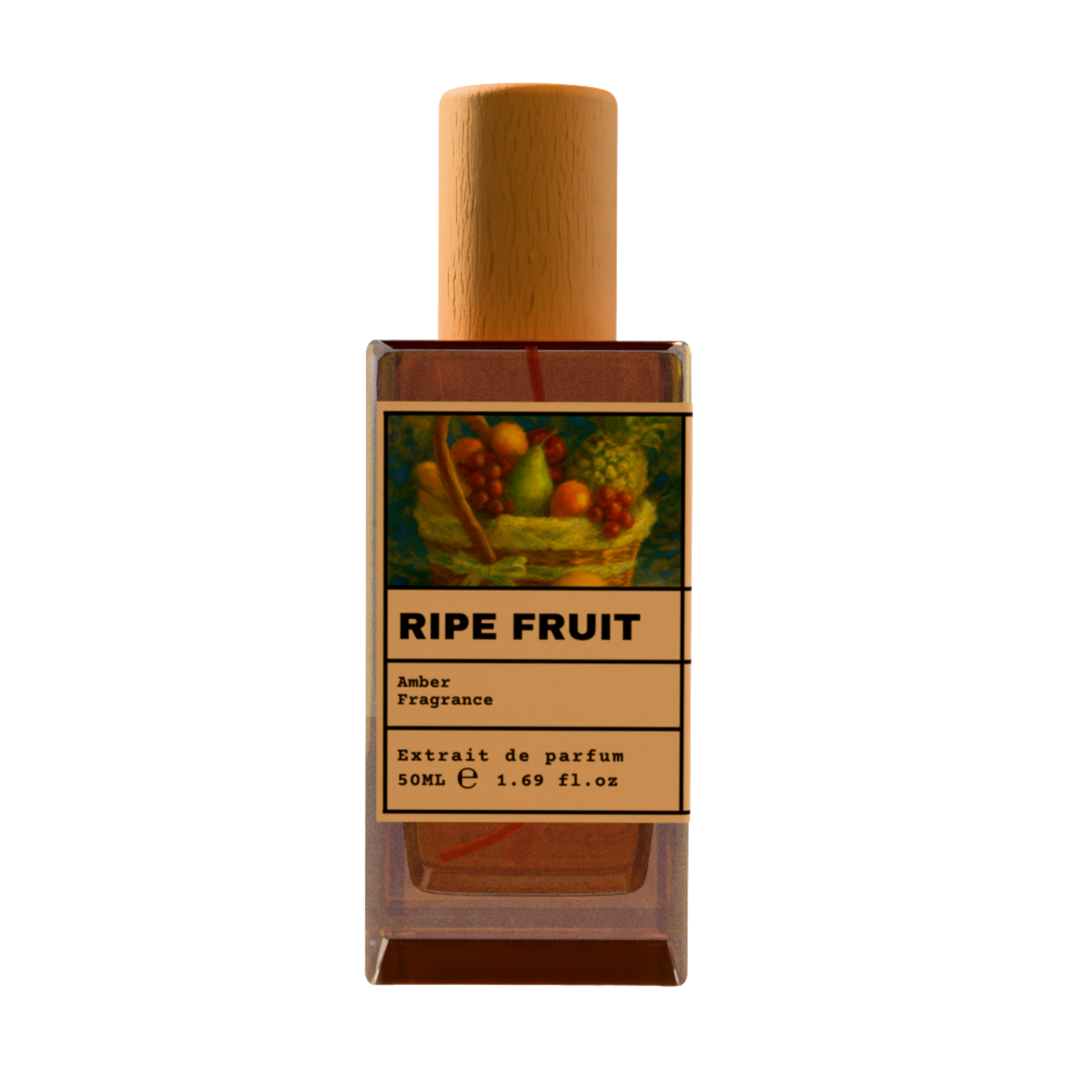 RIPE FRUIT Amber Fragrance Extrait de Parfum 50ml bottle with natural wooden cap and classic fruit basket illustration label.