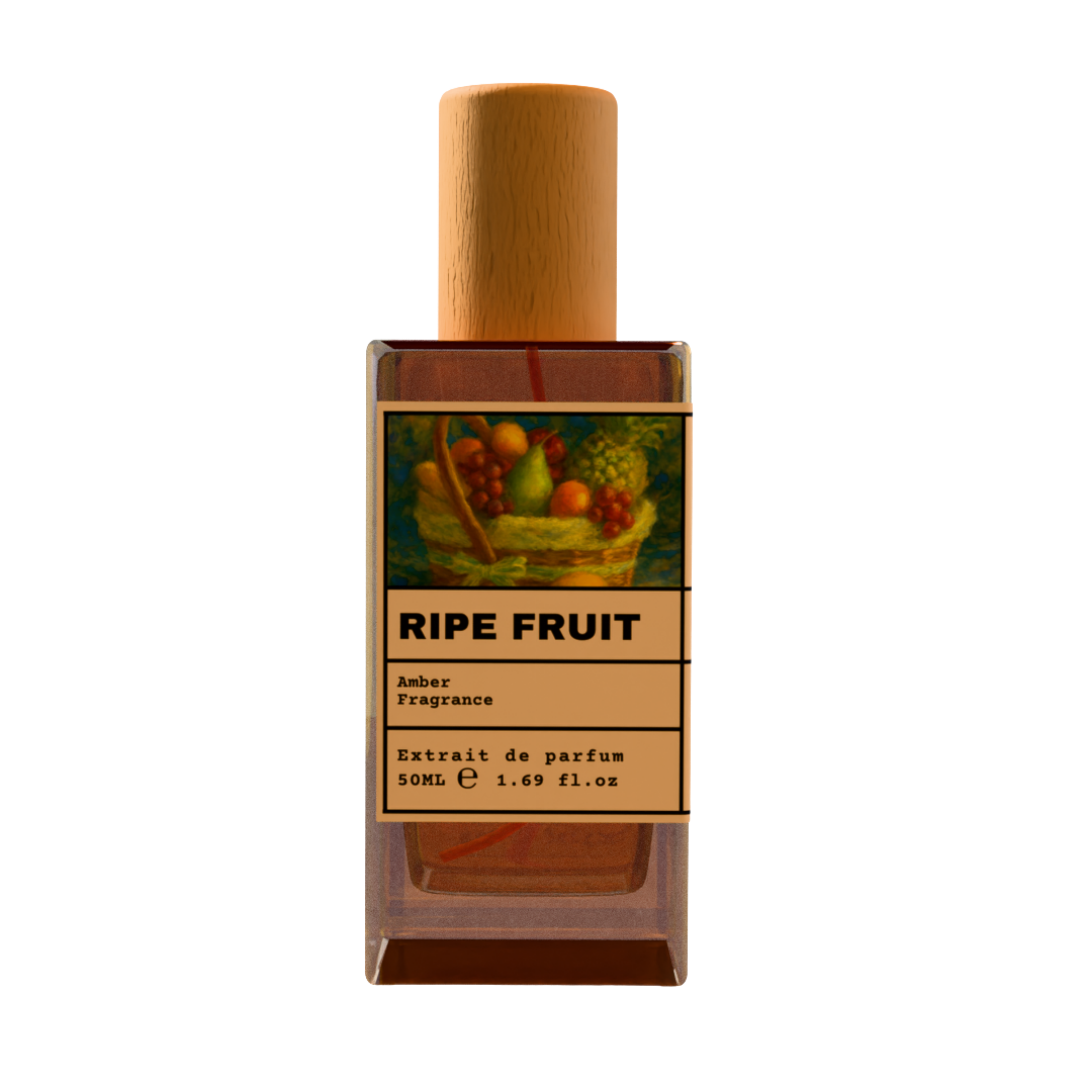 RIPE FRUIT Amber Fragrance Extrait de Parfum 50ml bottle with natural wooden cap and classic fruit basket illustration label.