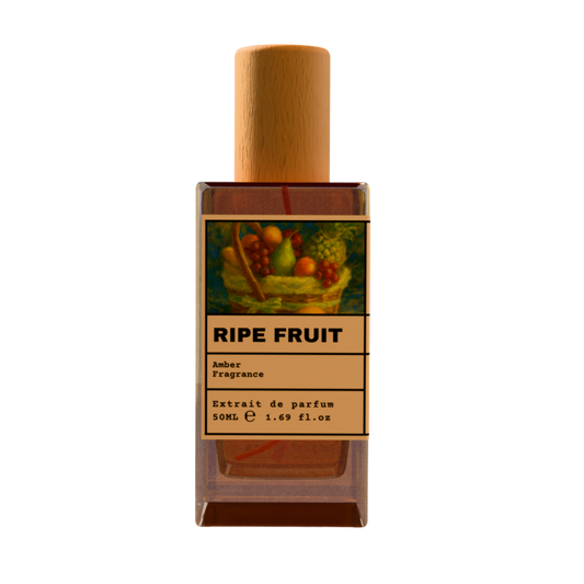 RIPE FRUIT Amber Fragrance Extrait de Parfum 50ml bottle with natural wooden cap and classic fruit basket illustration label.