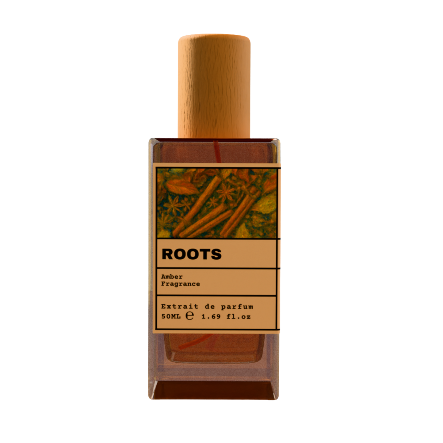 ROOTS Amber Fragrance Extrait de Parfum 50ml bottle with natural wooden cap and cinnamon spice illustration label.