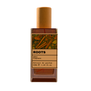 ROOTS Amber Fragrance Extrait de Parfum 50ml bottle with natural wooden cap and cinnamon spice illustration label.