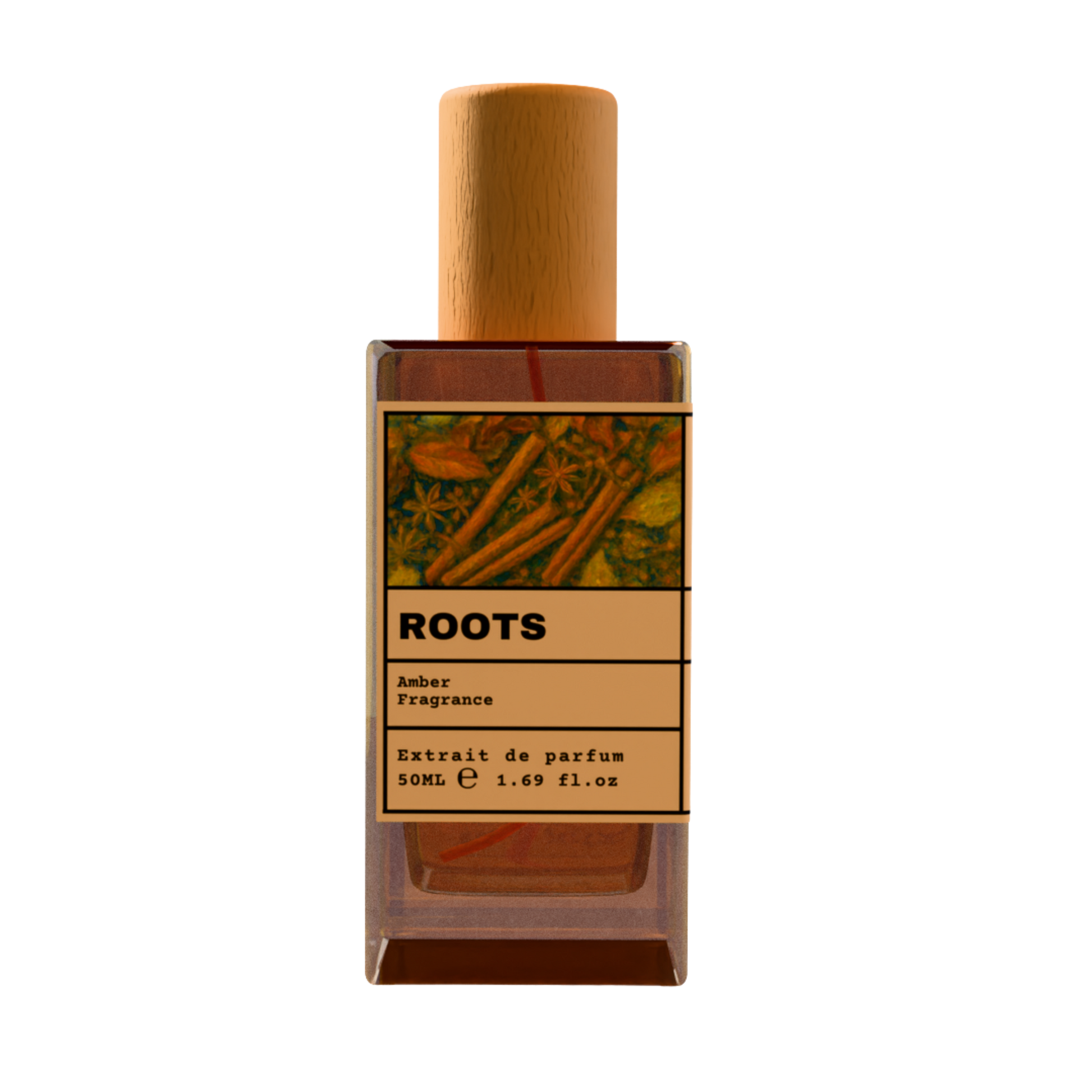 ROOTS Amber Fragrance Extrait de Parfum 50ml bottle with natural wooden cap and cinnamon spice illustration label.