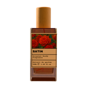 SATIN Oriental Woody Fragrance Extrait de Parfum 50ml bottle with natural wooden cap and red floral bouquet label design.