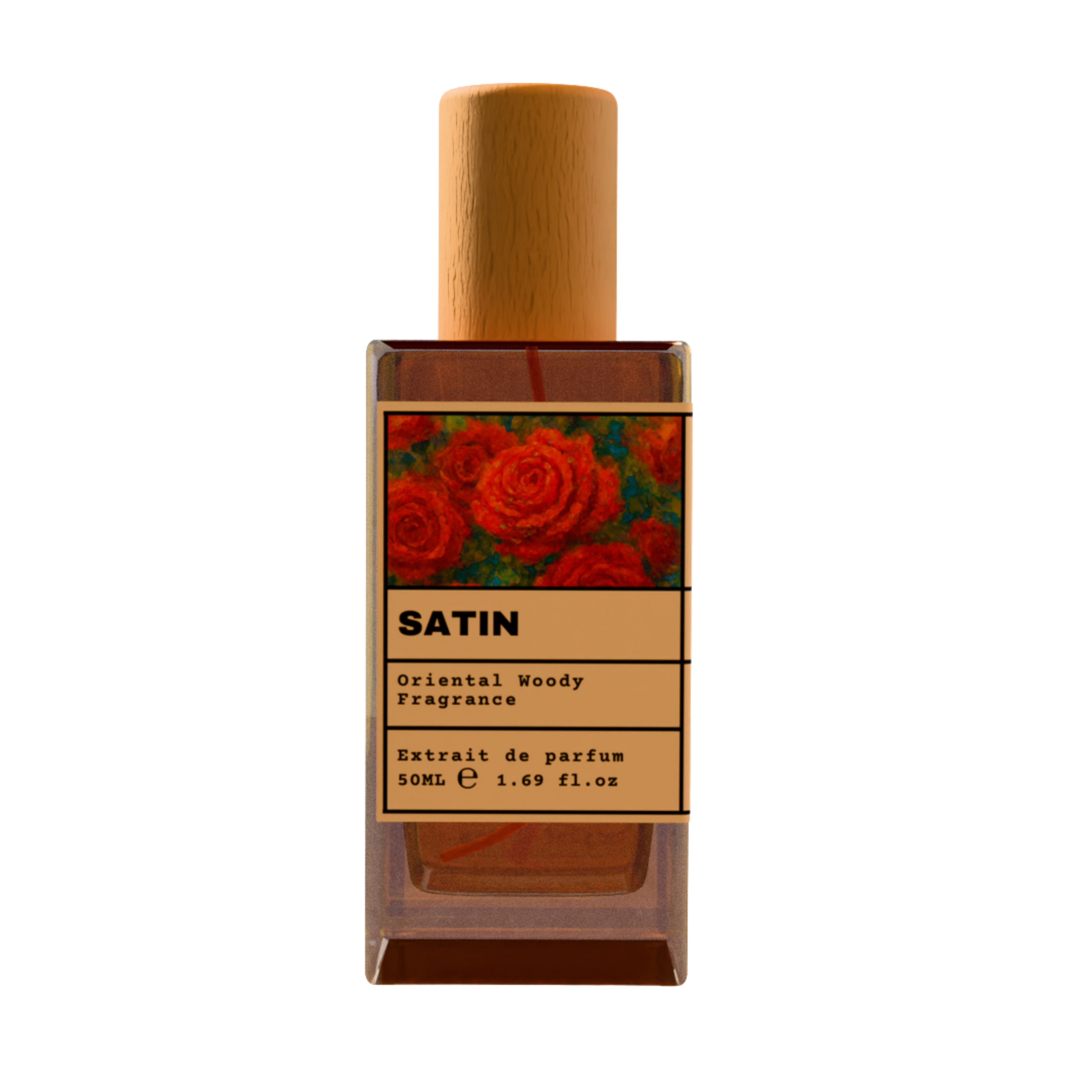 SATIN Oriental Woody Fragrance Extrait de Parfum 50ml bottle with natural wooden cap and red floral bouquet label design.