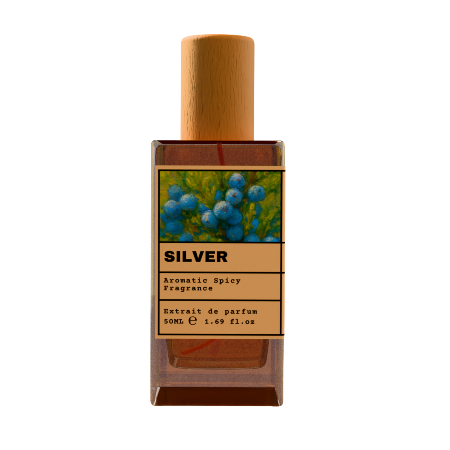 SILVER Aromatic Spicy Fragrance Extrait de Parfum 50ml bottle with natural wooden cap and blue juniper berry illustration label.