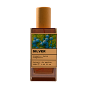 SILVER Aromatic Spicy Fragrance Extrait de Parfum 50ml bottle with natural wooden cap and blue juniper berry illustration label.