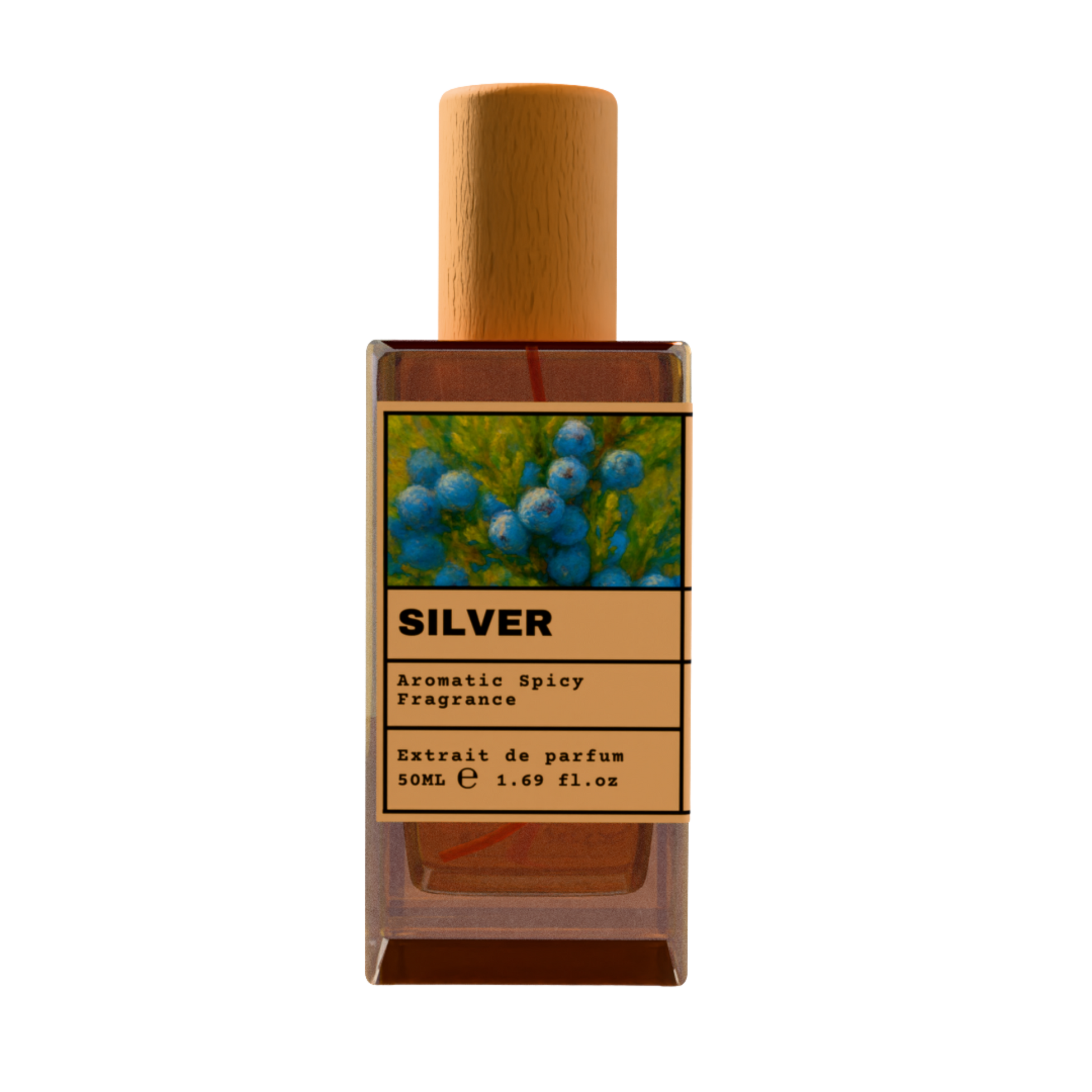 SILVER Aromatic Spicy Fragrance Extrait de Parfum 50ml bottle with natural wooden cap and blue juniper berry illustration label.