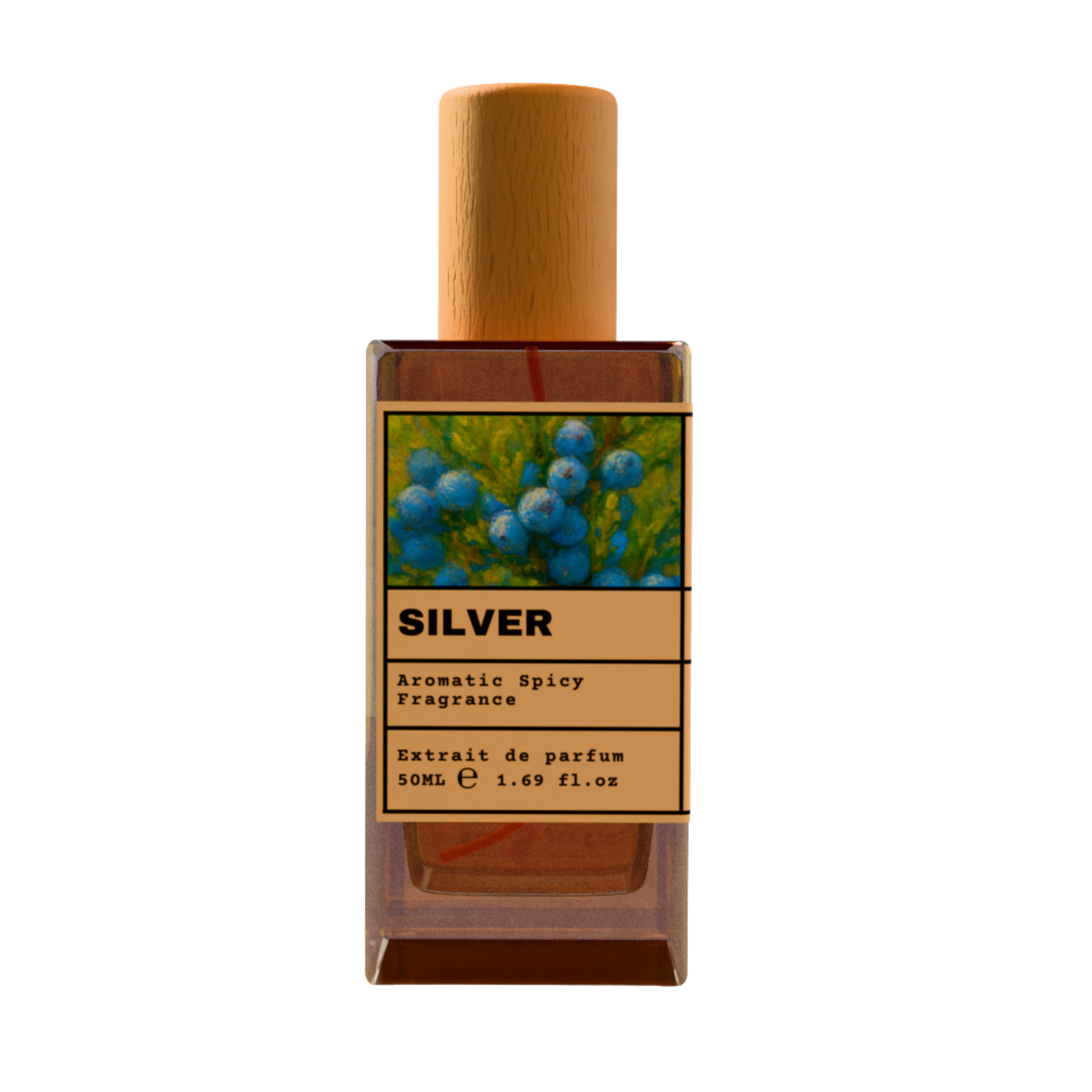 SILVER Aromatic Spicy Fragrance Extrait de Parfum 50ml bottle with natural wooden cap and blue juniper berry illustration label.