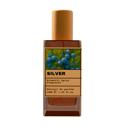 SILVER Aromatic Spicy Fragrance Extrait de Parfum 50ml bottle with natural wooden cap and blue juniper berry illustration label.