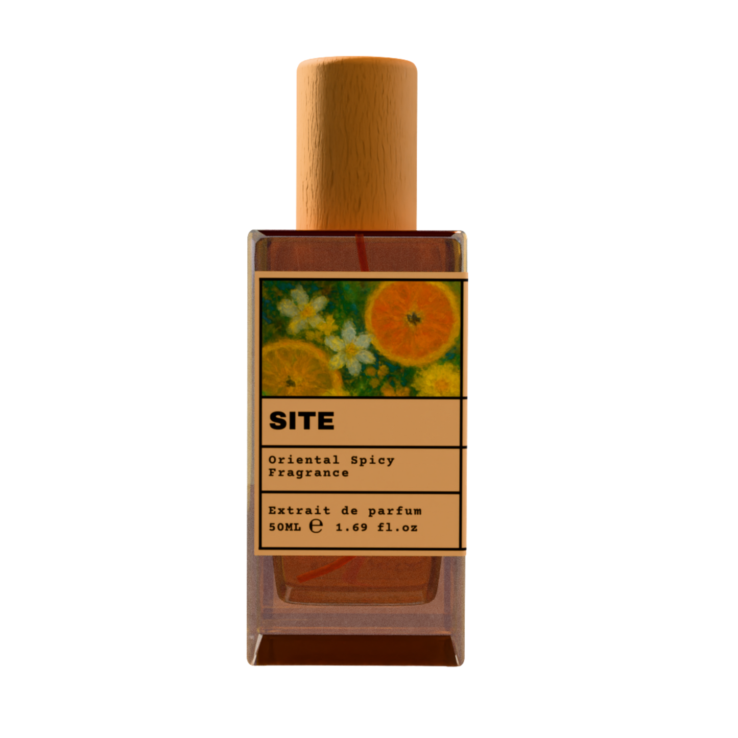 SITE Oriental Spicy Fragrance Extrait de Parfum 50ml bottle with natural wooden cap and orange citrus floral illustration label.