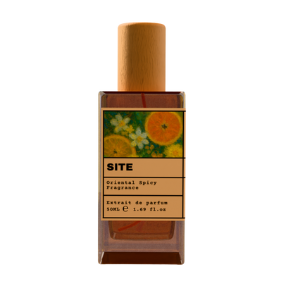 SITE Oriental Spicy Fragrance Extrait de Parfum 50ml bottle with natural wooden cap and orange citrus floral illustration label.