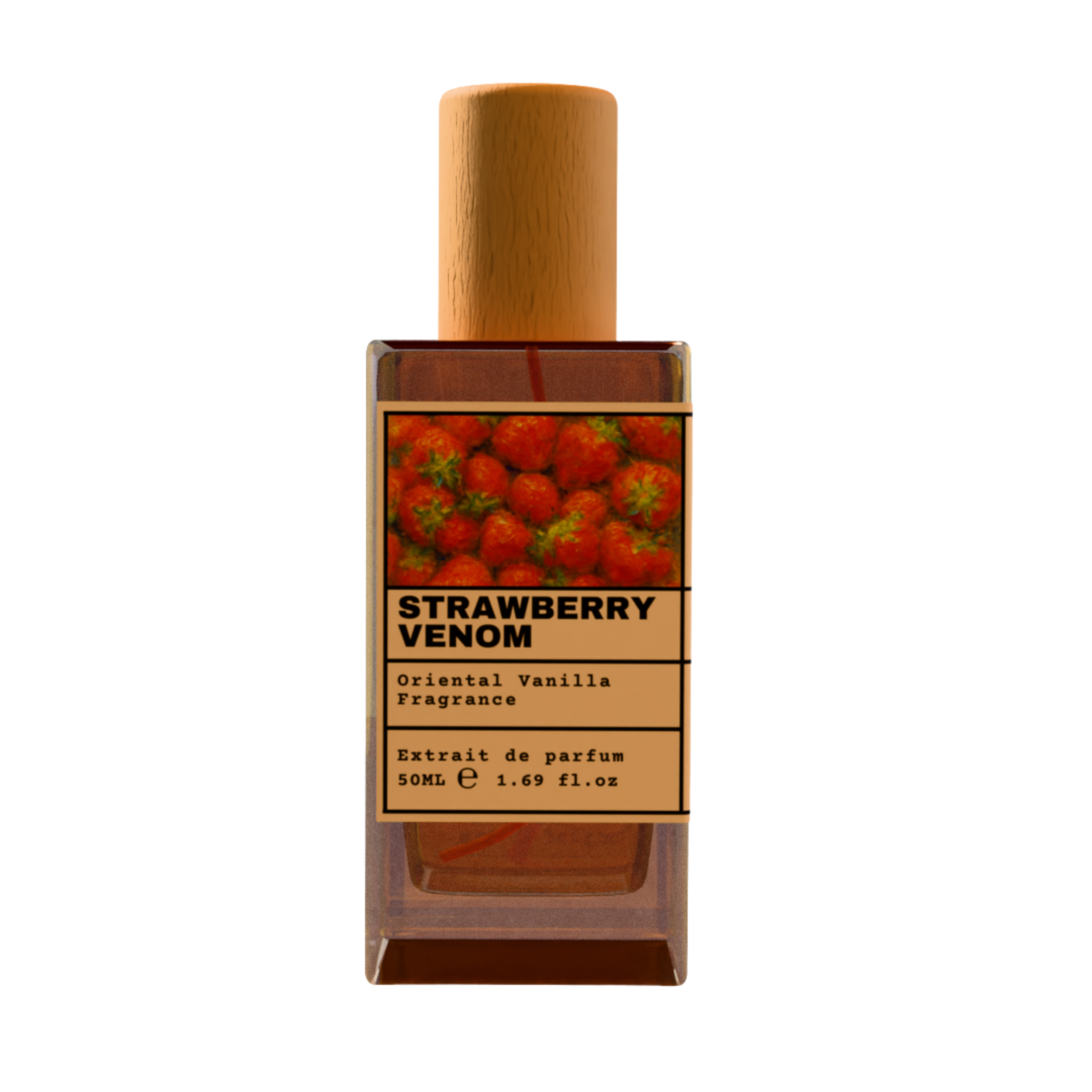 Strawberry Venom Oriental Vanilla Fragrance Extrait de Parfum 50ml bottle with wooden cap