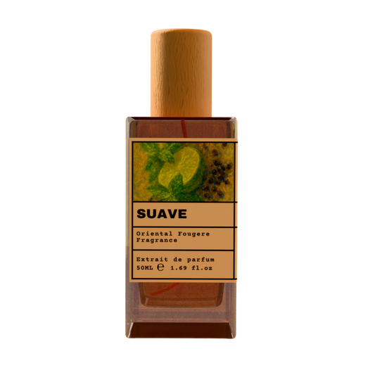 SUAVE Oriental Fougere Fragrance Extrait de Parfum 50ml bottle with natural wooden cap and fresh lime and mint illustration label.