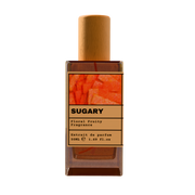SUGARY Floral Fruity Fragrance luxury perfume bottle with orange fruit label and wooden cap on a transparent background