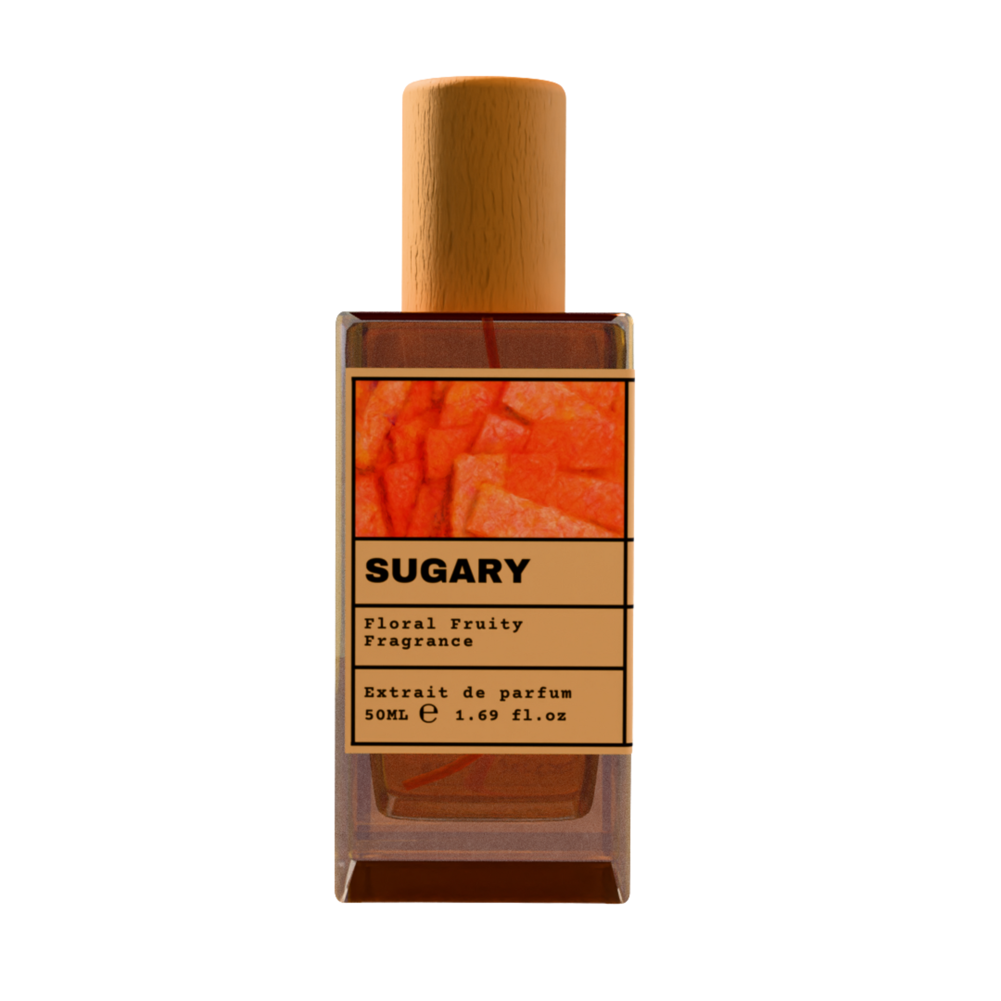 SUGARY Floral Fruity Fragrance luxury perfume bottle with orange fruit label and wooden cap on a transparent background