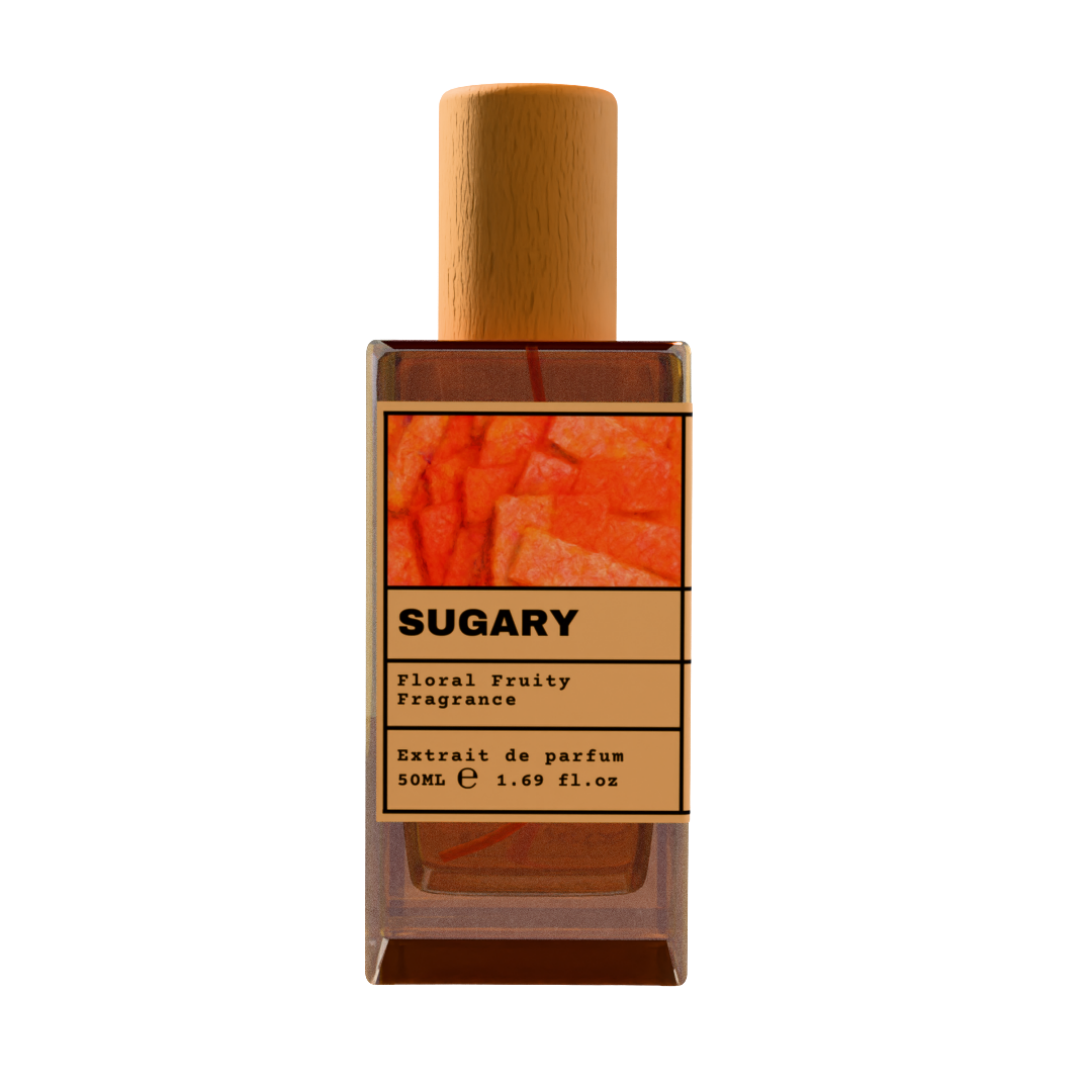 SUGARY Floral Fruity Fragrance luxury perfume bottle with orange fruit label and wooden cap on a transparent background