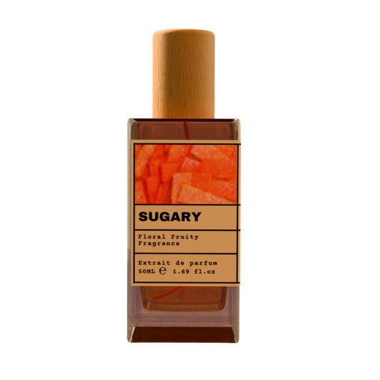 SUGARY Floral Fruity Fragrance luxury perfume bottle with orange fruit label and wooden cap on a transparent background