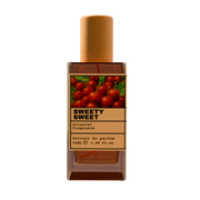Luxury perfume bottle labeled Sweety Sweet Oriental Fragrance with cherry design and wooden cap on a transparent background