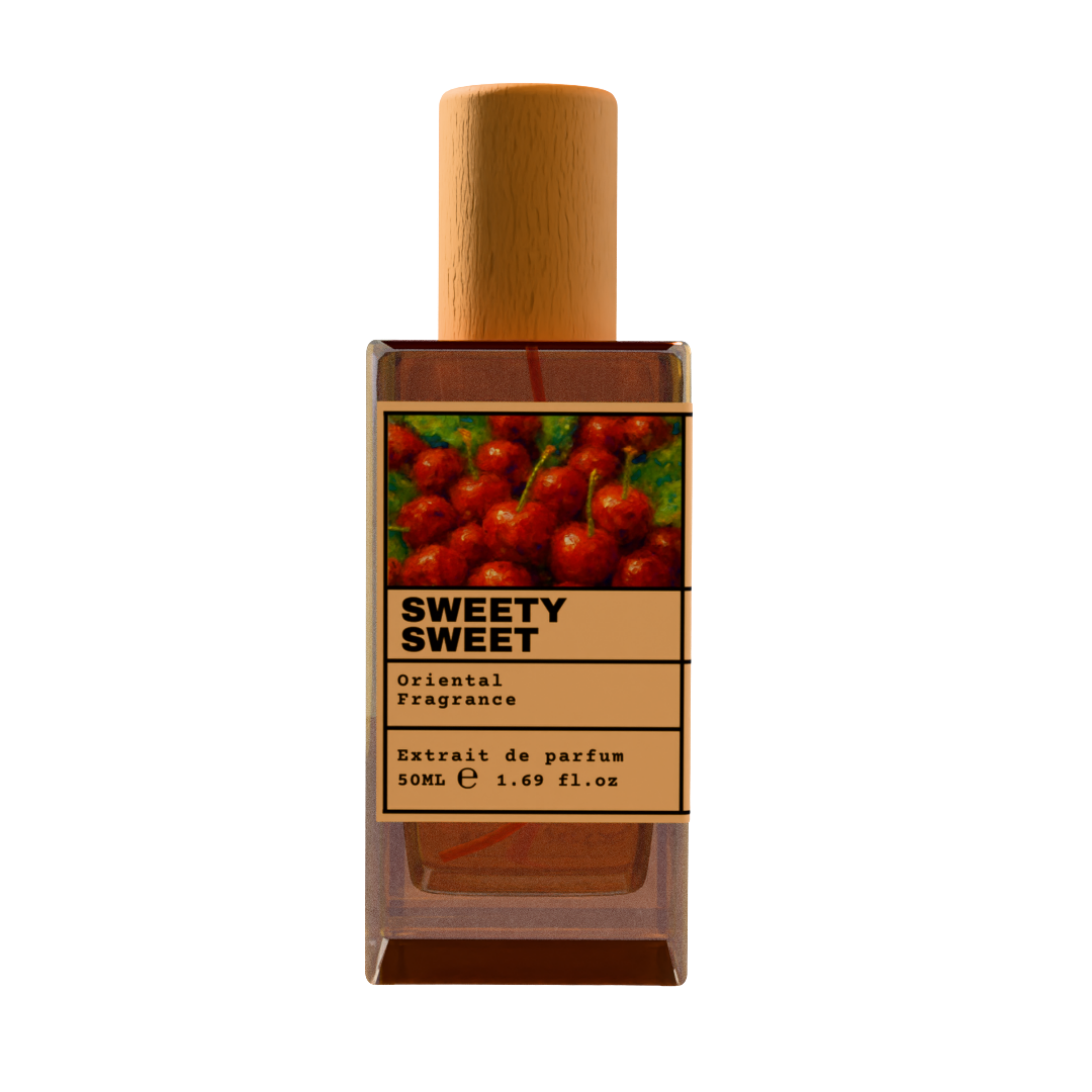 Luxury perfume bottle labeled Sweety Sweet Oriental Fragrance with cherry design and wooden cap on a transparent background