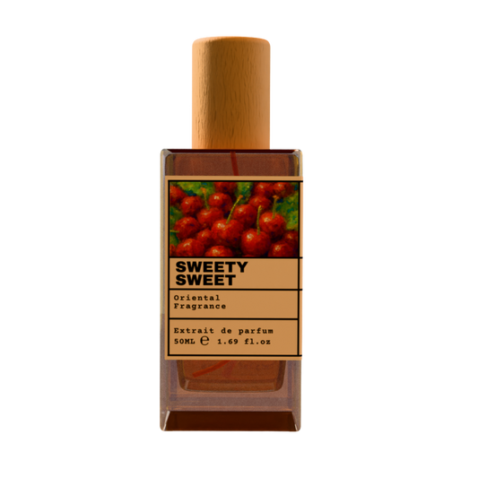 Luxury perfume bottle labeled Sweety Sweet Oriental Fragrance with cherry design and wooden cap on a transparent background