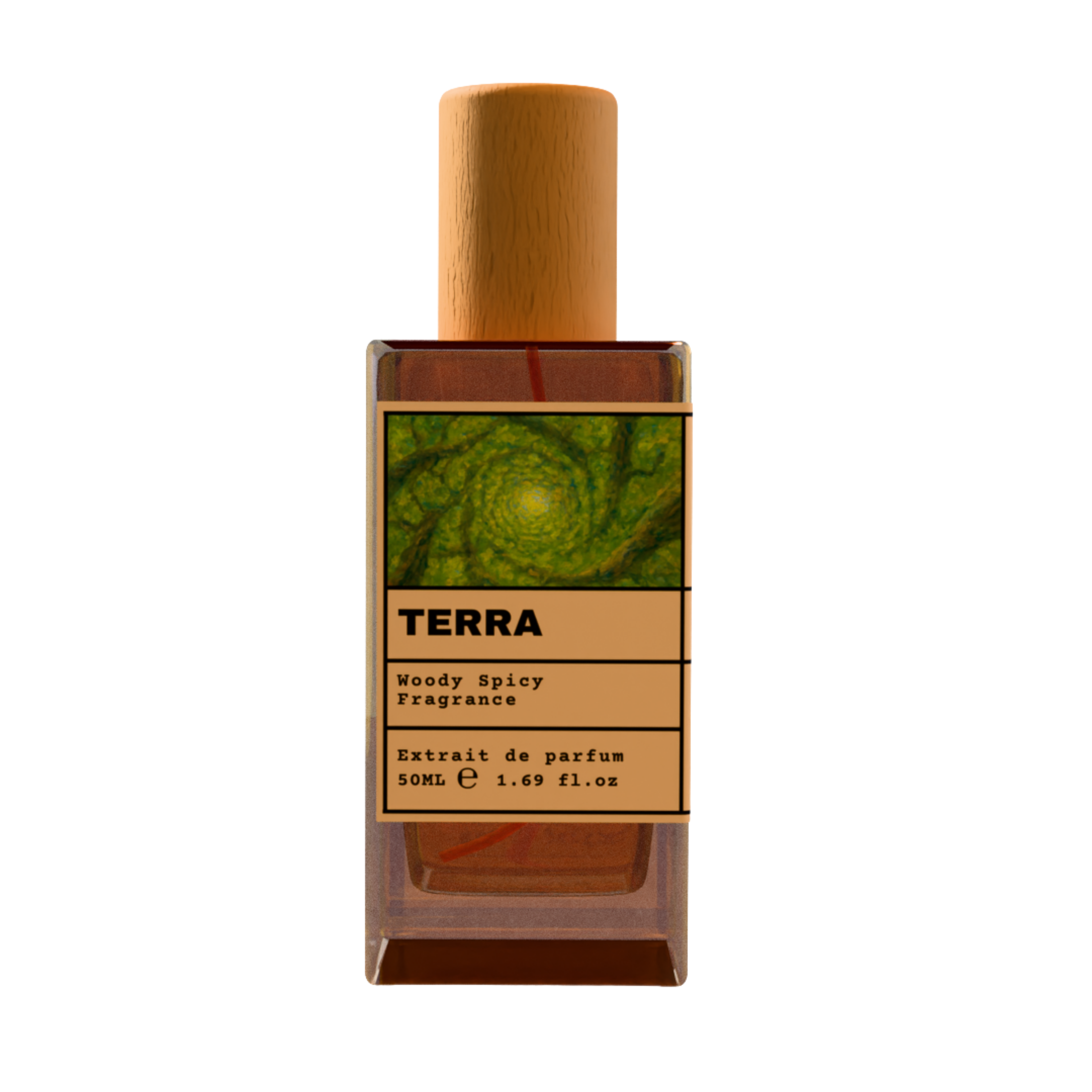 Terra Woody Spicy Fragrance Extrait de Parfum 50ml bottle with wooden cap