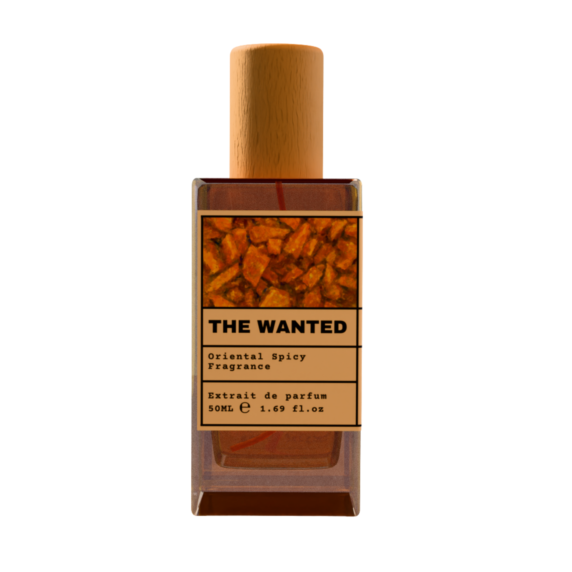 THE WANTED Oriental Spicy Fragrance Extrait de Parfum 50ml bottle with natural wooden cap and warm spicy amber wood illustration label.