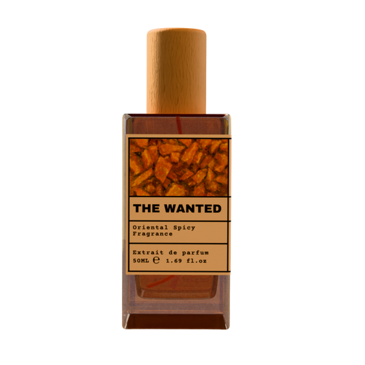 THE WANTED Oriental Spicy Fragrance Extrait de Parfum 50ml bottle with natural wooden cap and warm spicy amber wood illustration label.