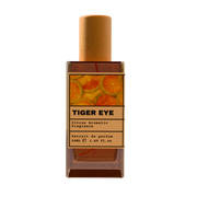 TIGER EYE Citrus Aromatic Fragrance luxury perfume bottle with orange fruit slices label design and wooden cap on a transparent background