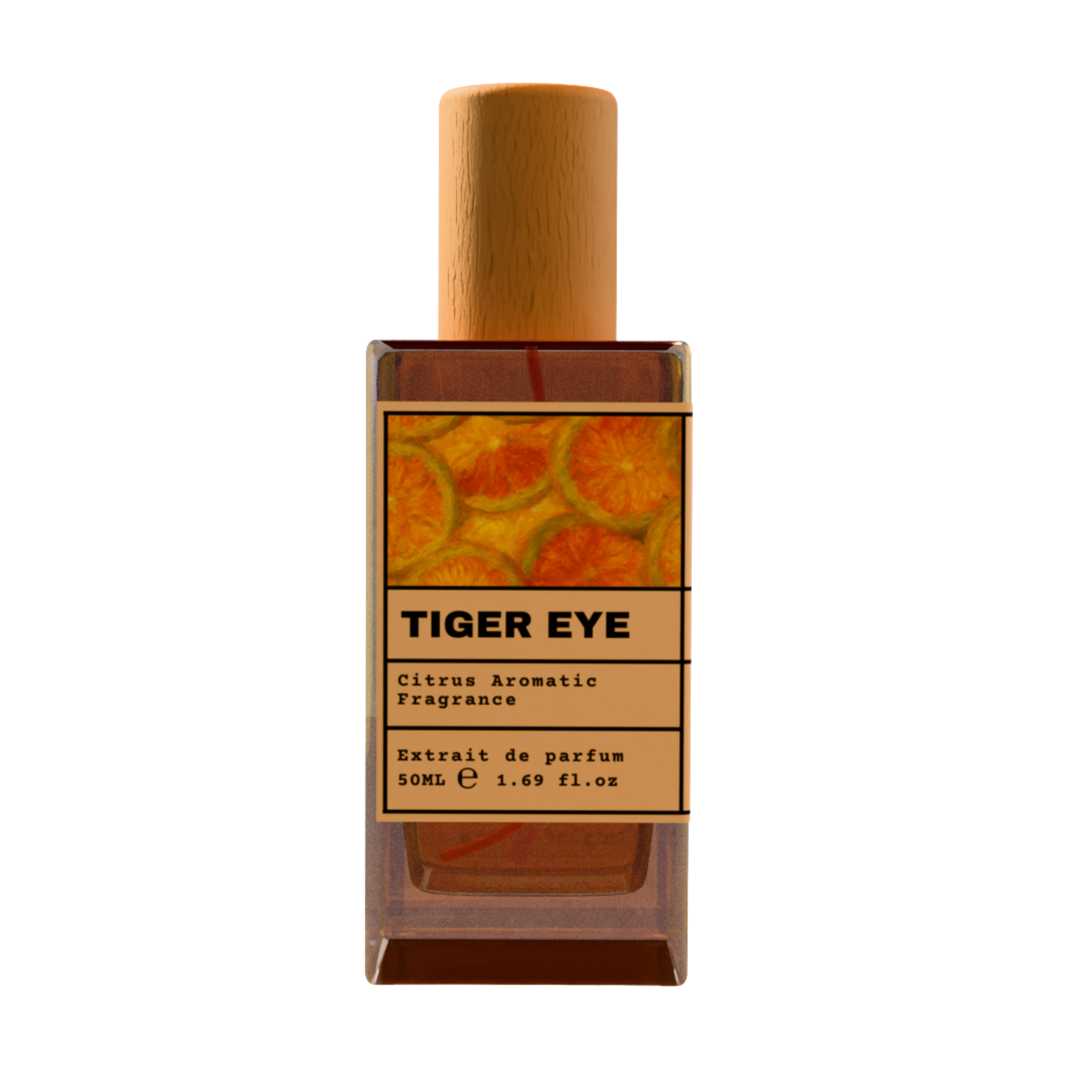 TIGER EYE Citrus Aromatic Fragrance luxury perfume bottle with orange fruit slices label design and wooden cap on a transparent background